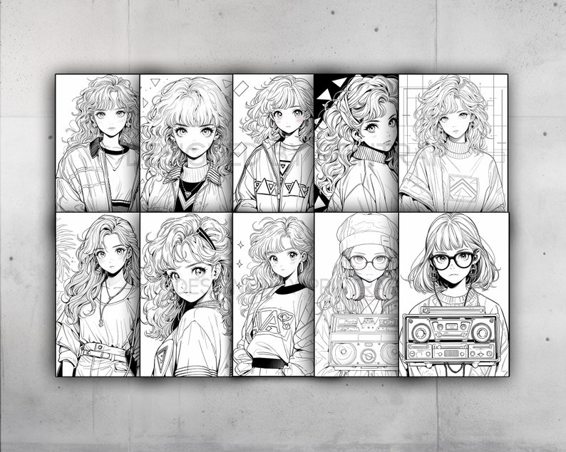 May include: A digital illustration of nine anime-style girls with different hairstyles and outfits. The girls are drawn in black and white and have a variety of expressions.