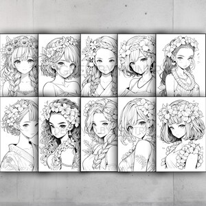 May include: A set of ten black and white anime-style illustrations of young women, each adorned with floral headpieces and necklaces. The artwork features detailed line work and varying hairstyles, creating a cohesive yet diverse collection.