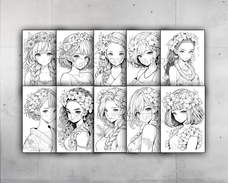 May include: A set of ten black and white anime-style illustrations of young women, each adorned with floral headpieces and necklaces. The artwork features detailed line work and varying hairstyles, creating a cohesive yet diverse collection.