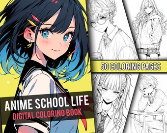 Anime School Life Coloring Book 50 Pagina Manga Fantasy Anime Kleurplaten voor volwassenen en kinderen, Instant Download, Afdrukbare PDF