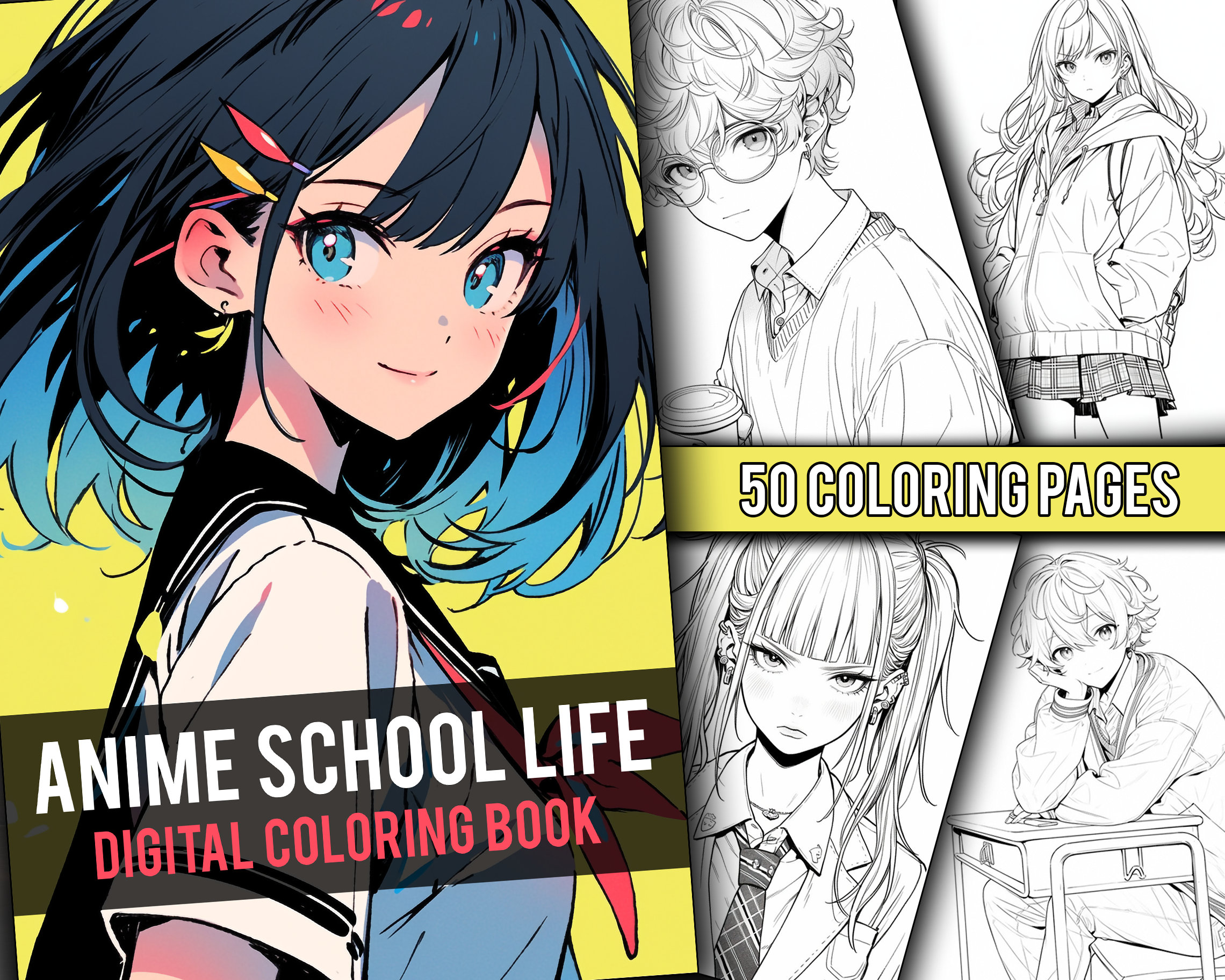 50 Digital Pages, Anime Coloring Book