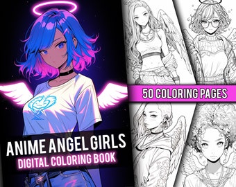 Peut inclure: Un livre de coloriage numérique avec 50 pages de coloriage d'anges d'anime. La couverture présente une fille aux cheveux bleus et roses portant un t-shirt blanc avec un motif de cœur et un halo. Le texte "Anime Angel Girls Digital Coloring Book" est affiché sur la couverture.