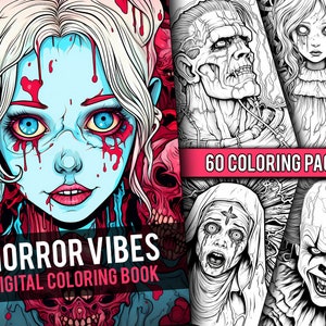 Horror Vibes Coloring Book 60 Page Fantasy Scary Greyscale Dark & Light Version Coloring Pages for Adults, Instant Download, Printable PDF
