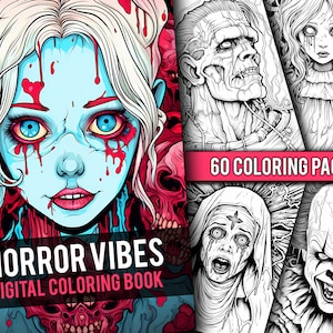 Horror Vibes Coloring Book 60 Page Fantasy Scary Greyscale Dark & Light Version Coloring Pages for Adults, Instant Download, Printable PDF