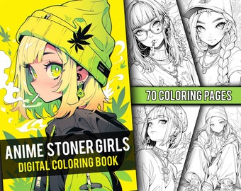 Anime Stoner Girls Libro da colorare di 70 pagine Manga Anime, Pagine da colorare fantasy in scala di grigi per adulti, Download istantaneo, PDF stampabile