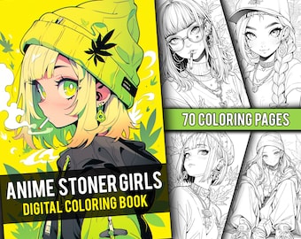 May include: A digital coloring book featuring 70 pages of anime stoner girls. The cover features a girl with green hair wearing a yellow beanie with a marijuana leaf design. The title "Anime Stoner Girls Digital Coloring Book" is displayed in black text.