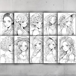 May include: A black and white print featuring ten anime-style portraits of women. Each portrait is a close-up of a woman's face and shoulders, with various floral and hat accessories. The artwork is displayed on a white background.