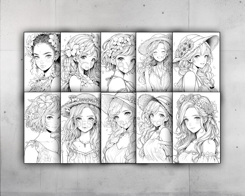 May include: A black and white print featuring ten anime-style portraits of women. Each portrait is a close-up of a woman's face and shoulders, with various floral and hat accessories. The artwork is displayed on a white background.