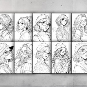 May include: A digital illustration of nine different female characters with various hairstyles, clothing, and accessories. Each character is drawn in black and white and has a unique expression.
