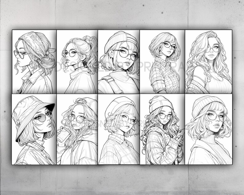 May include: A digital illustration of nine different female characters with various hairstyles, clothing, and accessories. Each character is drawn in black and white and has a unique expression.