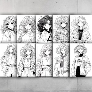 May include: A digital collage of ten black and white illustrations of anime characters with curly hair. Each character is wearing a different outfit, including a plaid shirt, a graphic tee, a jacket, and a baseball cap.