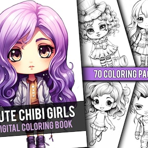 アニメかわいいちびガールズ 70 ページ マンガ ファンタジー ぬり絵、子供と大人向けのグレースケールのぬり絵ページ、即時ダウンロード、印刷可能な PDF