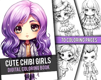Anime Cute Chibi Girls 70 Page Manga Fantasy Coloring Book, Greyscale Coloring Pages for Children & Adults, Instant Download, Printable PDF