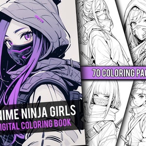 Anime Ninja Girls Coloring Book 70 Page Manga Fantasy Anime Coloring Pages for Adults & Children, Instant Download, Printable PDF