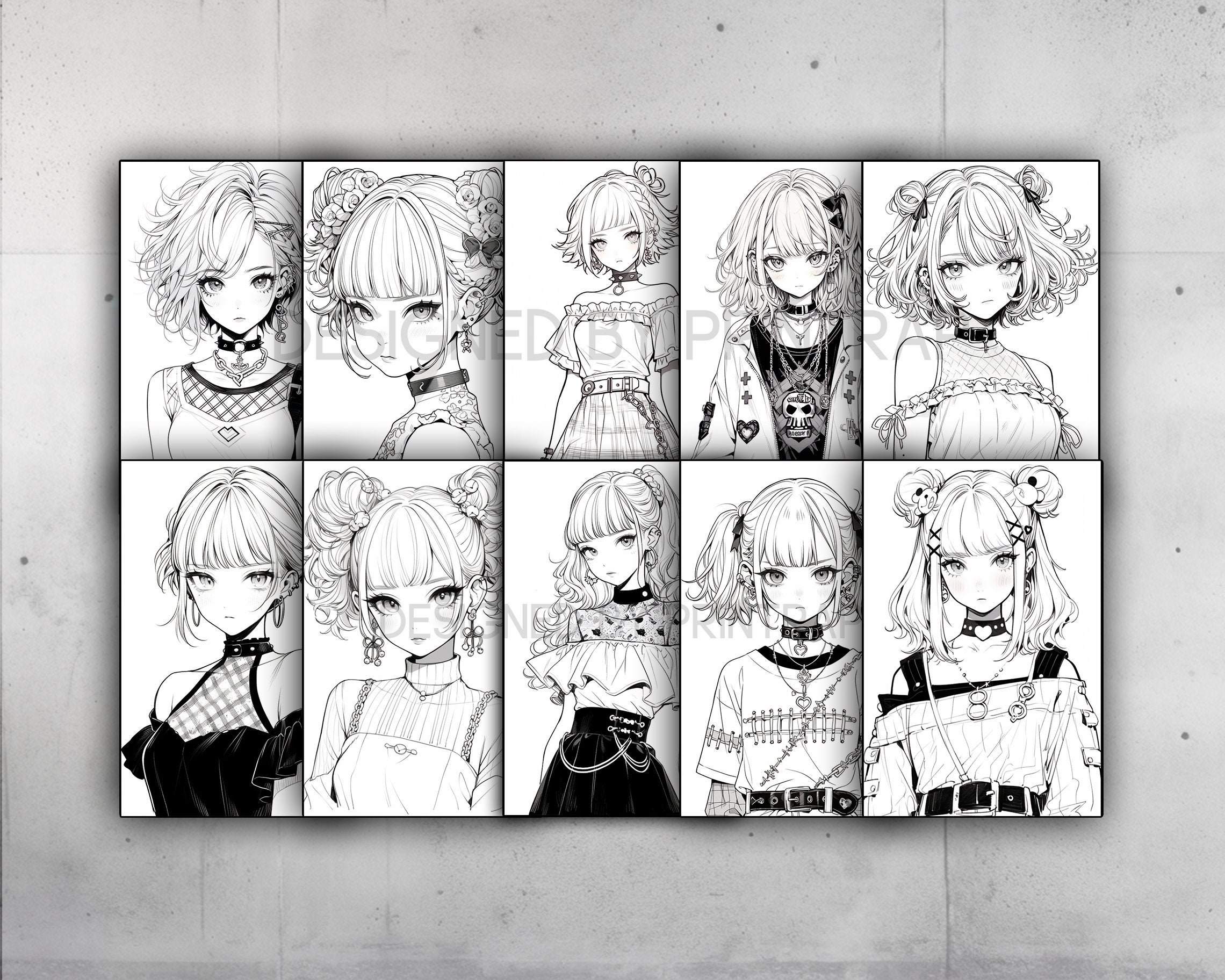 Anime Goth Girls Coloring Book 70 Page Manga Fantasy Greyscale Coloring ...