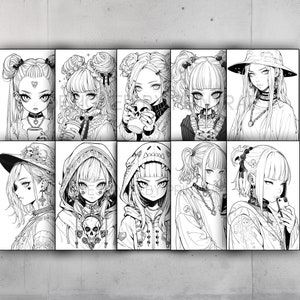Anime Goth Girls Coloring Book 70 Page Manga Fantasy Greyscale Coloring ...