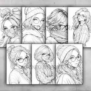 May include: A set of eight black and white line drawings of women wearing glasses and winter clothing. The women have different hairstyles and are wearing various hats, scarves, and sweaters.