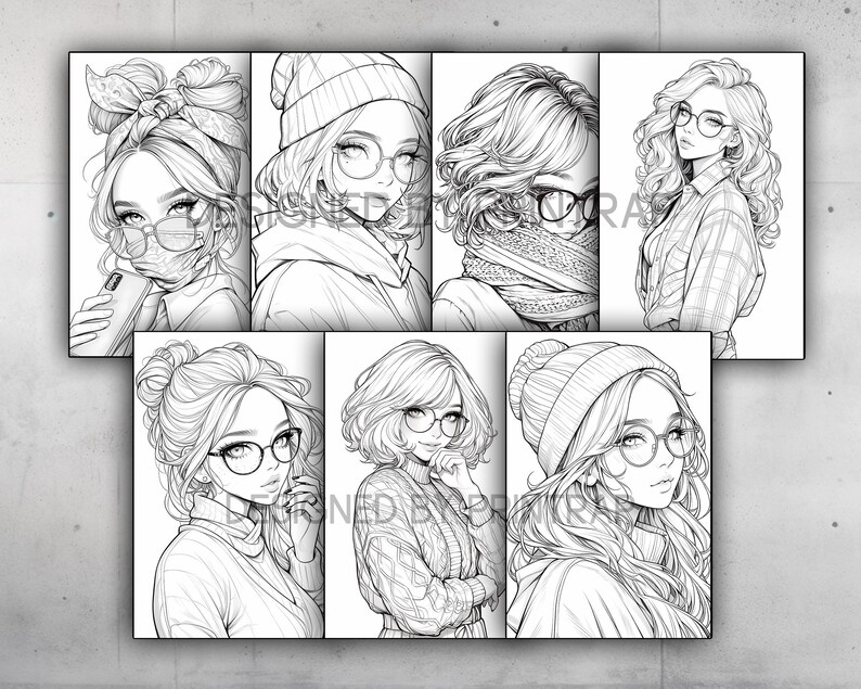 May include: A set of eight black and white line drawings of women wearing glasses and winter clothing. The women have different hairstyles and are wearing various hats, scarves, and sweaters.