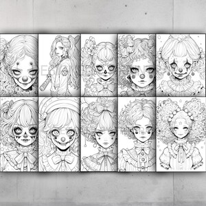 May include: A set of nine black and white line drawings of girls with clown makeup and hairstyles. Each girl has a different hairstyle and expression.