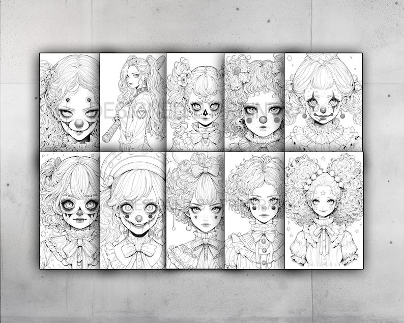 May include: A set of nine black and white line drawings of girls with clown makeup and hairstyles. Each girl has a different hairstyle and expression.