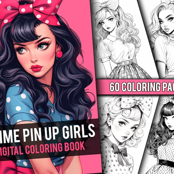 Anime Pin Up Girls Coloring Book 60 Page Manga Fantasy Coloring Pages for Children & Adults, Instant Download, Printable PDF