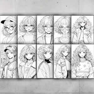May include: A set of eight black and white line drawings of anime-style girls with curly hair. Each girl is wearing a different outfit, including a jacket, sweater, and a hat.