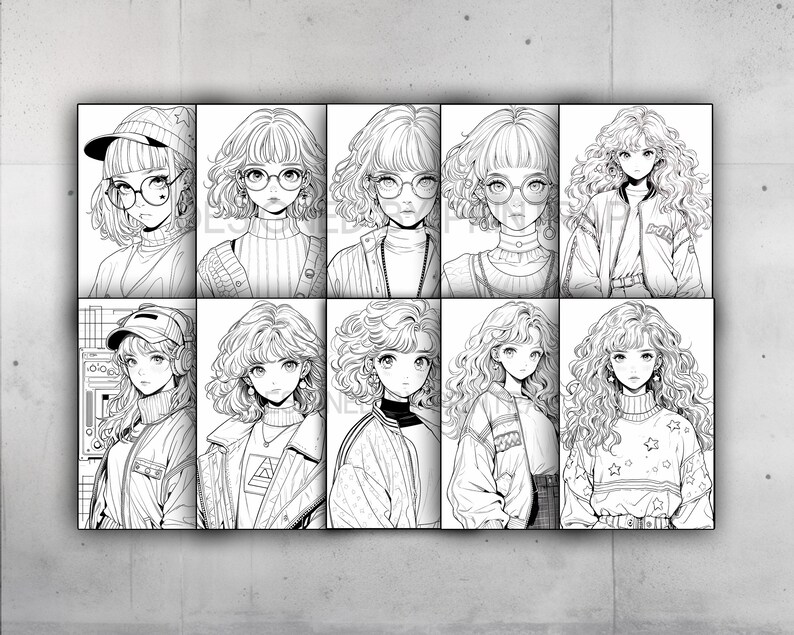 May include: A set of eight black and white line drawings of anime-style girls with curly hair. Each girl is wearing a different outfit, including a jacket, sweater, and a hat.