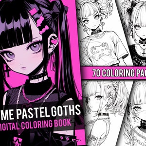 Anime Goth Girls Coloring Book 70 Page Manga Fantasy Greyscale Coloring Pages for Children & Adults, Instant Download, Printable PDF