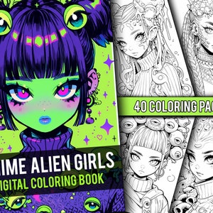 Anime Alien Girls Coloring Book 40 Page Manga Fantasy Coloring Pages for Children & Adults, Instant Download, Printable PDF