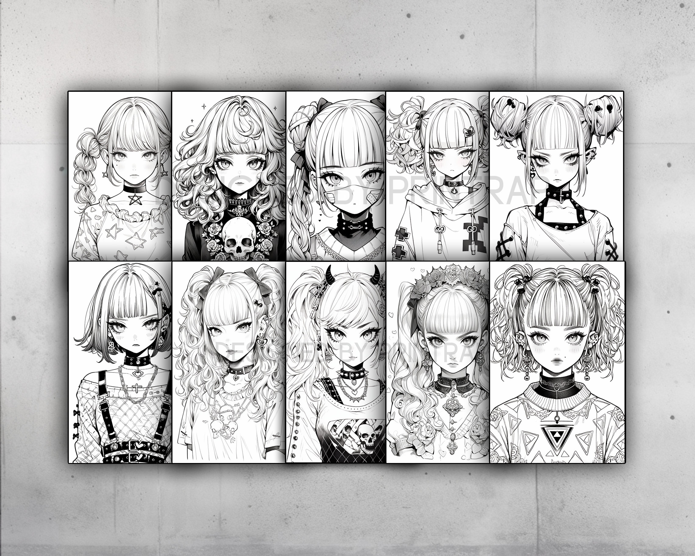 Anime Goth Girls Coloring Book 70 Page Manga Fantasy Greyscale Coloring ...
