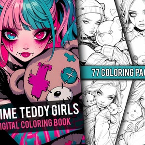 Anime Teddy Girls Coloring Book 77 Page Cute Manga Fantasy Anime Coloring Pages for Adults & Children, Instant Download, Printable PDF
