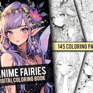 Anime Fairy Malbuch 145 Seite Niedlich Manga Stil Graustufen Malvorlagen für Kinder & Erwachsene, Sofort Download, Printable PDF