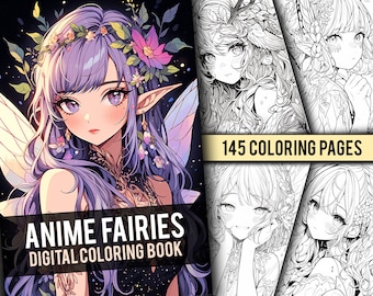 Anime Fairy Coloring Book 145 Page Cute Manga Style Fantasy Greyscale Coloring Pages for Children & Adults, Instant Download, Printable PDF