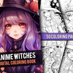 Anime Witches Malbuch 50 Seite Digitale Manga-Fantasy-Graustufen-Malseiten für Kinder & Erwachsene. Sofortiger Download, druckbare PDF-Datei