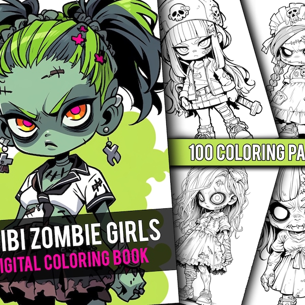 Chibi Zombie Girls 100 Page Cute Manga Anime Coloring Book, Fantasy Coloring Pages for Children & Adults, Instant Download, Printable PDF