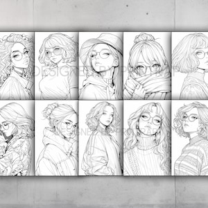 May include: A set of eight black and white line drawings of women with different hairstyles and clothing. Each drawing features a woman with glasses.