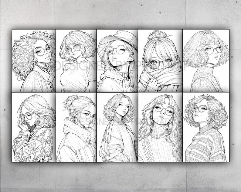 May include: A set of eight black and white line drawings of women with different hairstyles and clothing. Each drawing features a woman with glasses.
