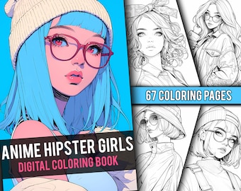 Anime Hipster Girls Coloring Book 67 Page Cute Manga Fantasy Anime Coloring Pages for Adults & Children, Instant Download, Printable PDF