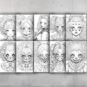 May include: A set of nine black and white illustrations of cartoon girls with clown makeup and curly hair. Each illustration is framed in a white border.