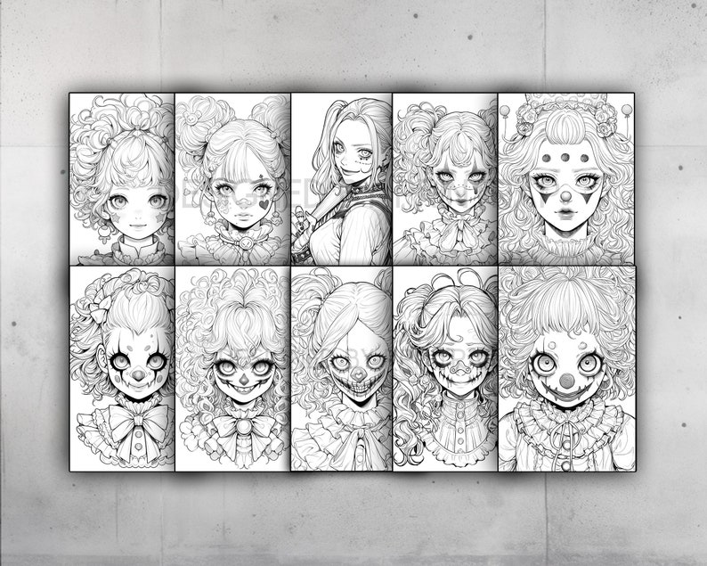 May include: A set of nine black and white illustrations of cartoon girls with clown makeup and curly hair. Each illustration is framed in a white border.