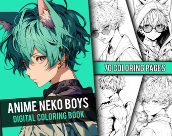 Anime Neko Boys Coloring Book 70 Page Cute Manga Cat Fantasy Anime Coloring Pages for Adults & Children, Instant Download, Printable PDF