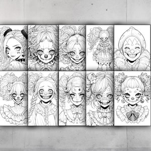 May include: A set of nine black and white illustrations of clown girls with different hairstyles and expressions. Each illustration is framed in a white border.
