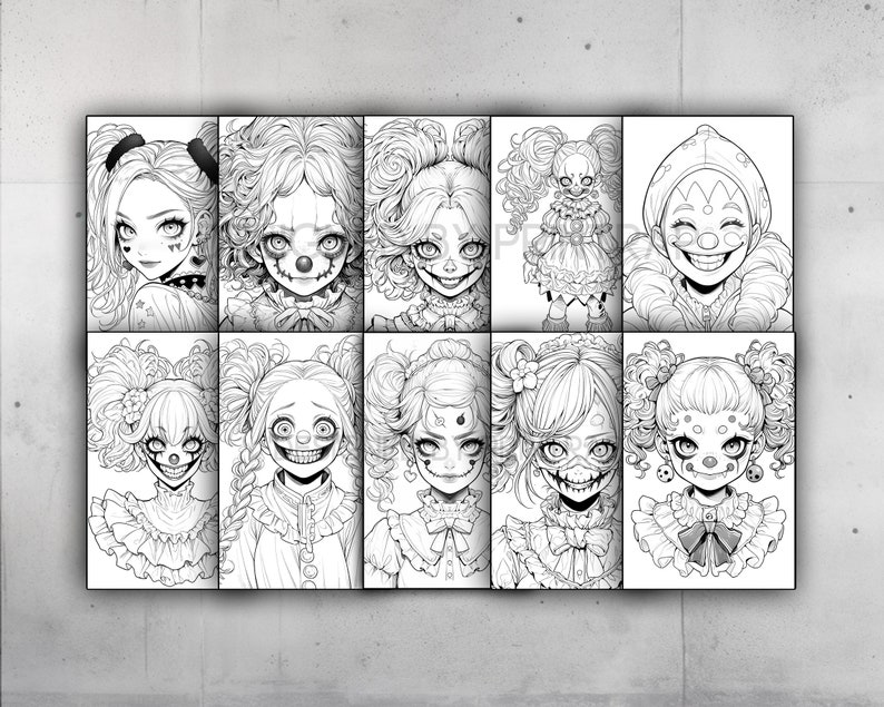 May include: A set of nine black and white illustrations of clown girls with different hairstyles and expressions. Each illustration is framed in a white border.