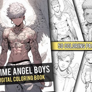 Anime Angel Boys Coloring Book 50 Page Manga Fantasy Anime Coloring Pages for Adults & Children, Instant Download, Printable PDF