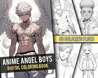 Peut inclure: Un livre de coloriage numérique avec 50 pages d'anges garçons d'anime. La couverture présente un ange garçon musclé avec des cheveux blancs et des ailes, des tatouages et un collier. Le titre "Anime Angel Boys Digital Coloring Book" est affiché en lettres jaunes gras.