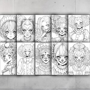 May include: A set of eight black and white illustrations of women with clown makeup and hairstyles. Each illustration is framed in a square.