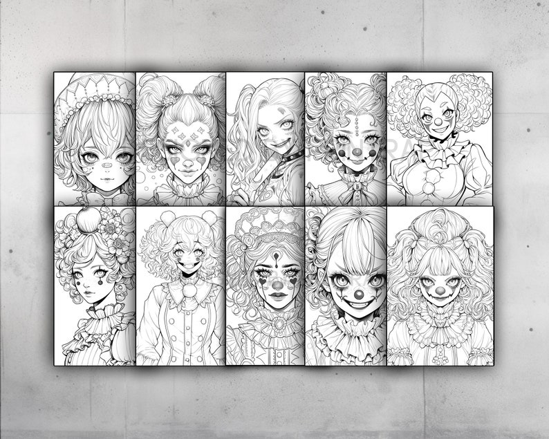 May include: A set of eight black and white illustrations of women with clown makeup and hairstyles. Each illustration is framed in a square.
