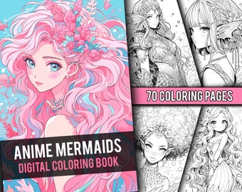 Anime Mermaids 70 Page Manga Fantasy Greyscale Coloring Book, Coloring Pages for Children & Adults, Instant Download, Printable PDF