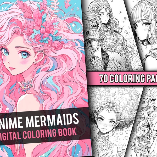 Anime Mermaids 70 Page Manga Fantasy Greyscale Coloring Book, Coloring Pages for Children & Adults, Instant Download, Printable PDF