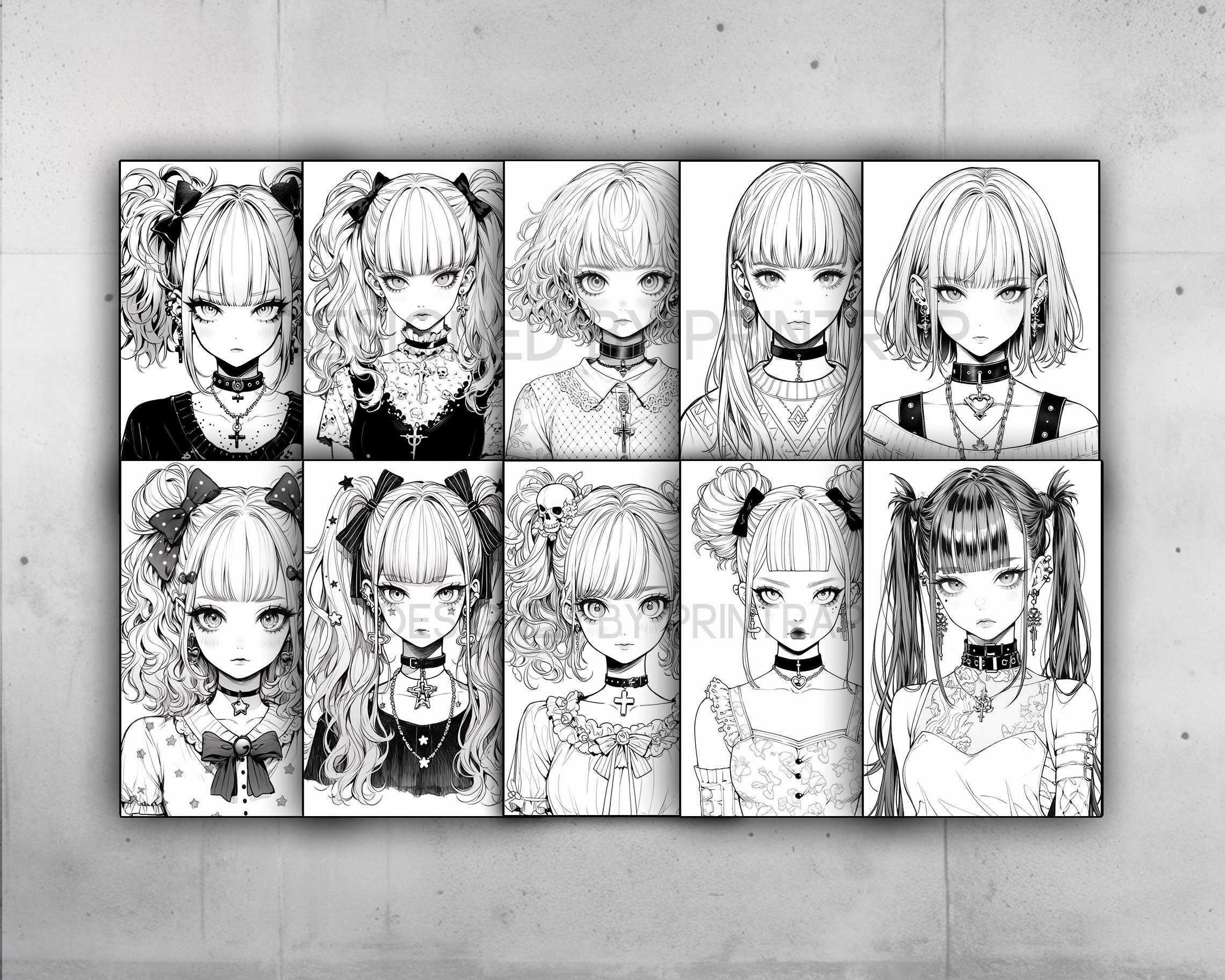 Anime Goth Girls Coloring Book 70 Page Manga Fantasy Greyscale Coloring ...